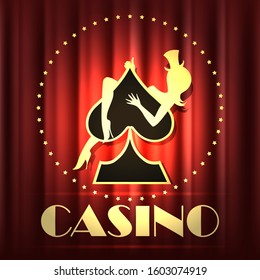 Casino Emblem with girl on sign of spades and wording Casino on red curtain stage.  - Shutterstock ID 1603074919