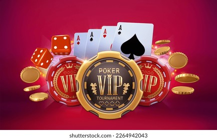 Casino gambling banner advertising an exclusive V.I.P. poker game tournament. 3D illustration featuring poker chips, four aces cards, red pair of dice, and flying gold coins - Powered by Shutterstock