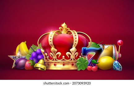 Casino Gambling Banner With Various Fruit-themed Symbols Of A Slot Game Isolated On Red Background. 3D Illustrations