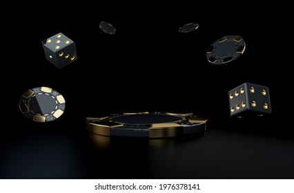 Casino Gambling Concept. Golden And Black Pedestal Chip With Chips And Dices. Empty Space - 3D Illustration