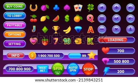 Casino game user interface menu, icons and buttons. Cartoon mobile gamble slot machine gui elements, progress bar and coin panel  set. Illustration of casino interface button for menu