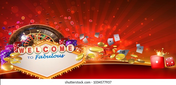Casino games banner design with 3D rendered roulette wheel, playing cards,  red craps dices, poker gambling chips, golden coins and Las Vegas style casino sign