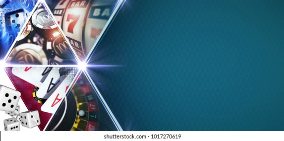 Casino Games Mosaic Banner with 3D Rendered Gambling Elements Like Roulette,Slot Machines, Blackjack Playing Cards and Chips. Blue Texture Right Side Copy Space. - Shutterstock ID 1017270619