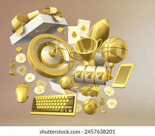 A casino iGaming design capturing the excitement and triumph of a big win in a celebratory display of sports and casino games elements. Concept of a profitable bet on the outcome of a game. 3D render - Powered by Shutterstock