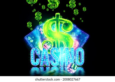 Casino inscription. Neon chips and cards for poker, casino hologram atrebutics. Winning, casino advertising template, gambling, vegas games, betting. 3D illustration, 3D render.