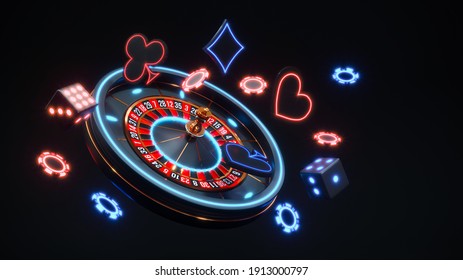 Casino neon background with roulette and poker chips falling 3d rendering.