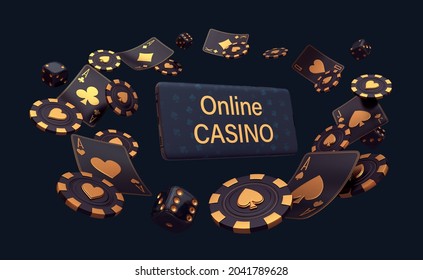 casino olnine mobile. motion cards and chips gold black poker balckjack baccarat 3d render 3d rendering illustration 