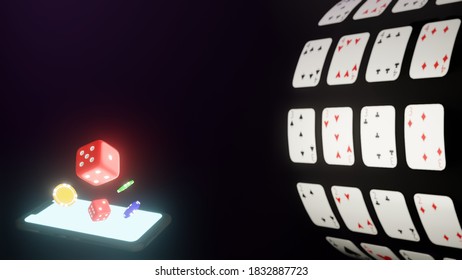 Casino Online Advertising Background With Dice Spinning Pop Up From Smart Phone On A Darkness Scene., Casino Online, Blackjack Game Rules, 3D Rendering