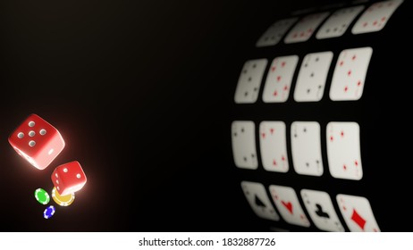 Casino Online Advertising Background With Dice Spinning On A Darkness Scene., Casino Online, Blackjack Game Rules, 3D Rendering