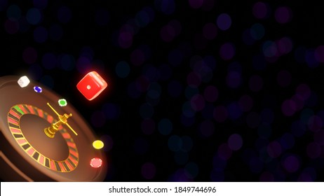 Casino Online Advertising Background With Dice Spinning On A Roulette Table In Bokeh Scene., Blackjack Game Rules, 3D Rendering