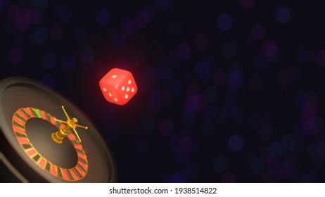 Casino Online Advertising Background With Dice Spinning On A Roulette Table In Bokeh Scene., Blackjack Game Rules, 3D Rendering