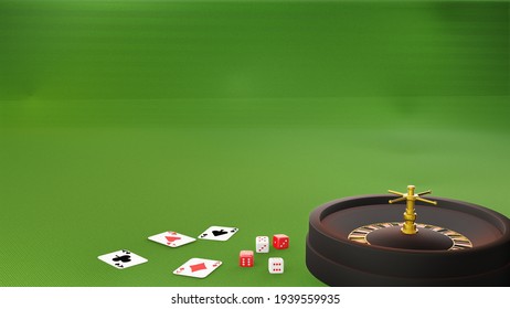 Casino Online Advertising Background With Roulette Spinning Over Green Floor., Blackjack Game Rules, 3D Rendering