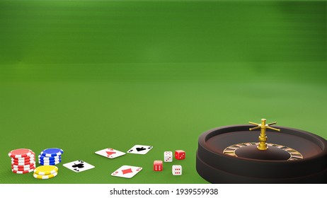 Casino Online Advertising Background With Roulette Spinning Over Green Floor., Blackjack Game Rules, 3D Rendering