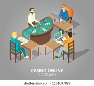 Casino Online Blackjack Game Concept. Isometric Illustration Of People Playing Casino Game At Virtual Blackjack Table While Using Desktop Computer And Laptop.