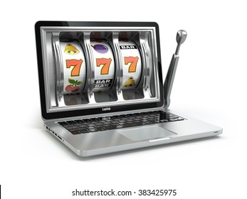 Casino Online Concept, Gambling. Laptop Slot Machine. 3d