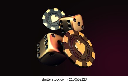 casino poker blackjack baccarat dice craps  Black And Red Ace Symbols With Golden Metal 3d render 3d rendering illustration 