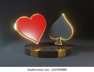 Casino poker chip and aces playing cards symbol spades and hearts with red and black colors isolated on the black background. 3d render  3d illustration