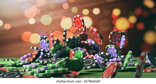 Casino Poker Chips Falling On Green Felt Background. 3d Illustration
