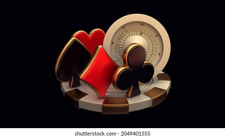 casino roulette cards poker blackjack baccarat  Black And Red Ace Symbols With Golden Metal 3d render 3d rendering illustration 