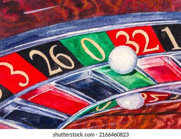 Casino Roulette. Las Vegas. Games Of Chance. Green Zero. Watercolor Painting. Acrylic Drawing Art. A Piece Of Art. 