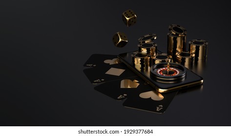 Casino Roulette, Playing Cards, Casino Roulette, Chips And Craps. Vegas Casino Game. The Likelihood Of Good Luck In Gambling. Online Casino. 3d Rendering.