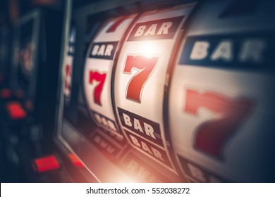Casino Slot Games Playing Concept 3D Illustration. One Armed Bandit Slot Machine Closeup. 