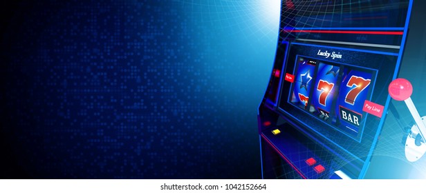 Casino Slot Machine Game Banner With Copy Space. Dark Blue Theme. 3D Rendered Illustration