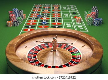 Casino Table With Roulette And Chips. 3D Illustration