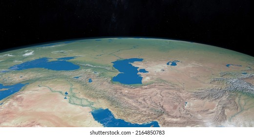 Caspian Sea In Planet Earth, Aerial View From Outer Space, 3d Render