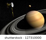 Cassini spacecraft near Saturn and titan satellite in the universe - Elements of this image furnished by NASA