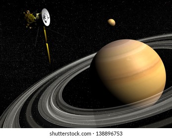 Cassini Spacecraft Near Saturn And Titan Satellite In The Universe - Elements Of This Image Furnished By NASA