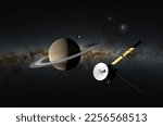 Cassini-Huygens space probe with Saturn and Enceladus and Titan. In the background: Jupiter - isometric view 3d illustration