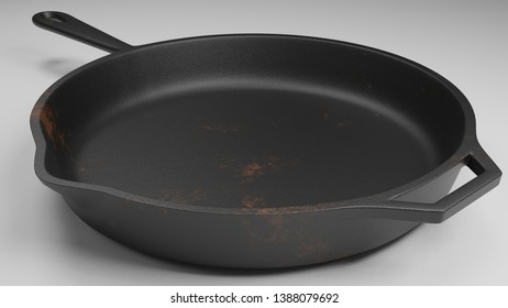 Cast Iron Pan With A Few Rust Spots Isolated On White 3d Illustration