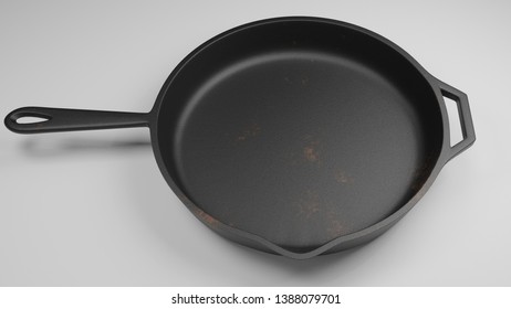 Cast Iron Pan With A Few Rust Spots Isolated On White 3d Illustration