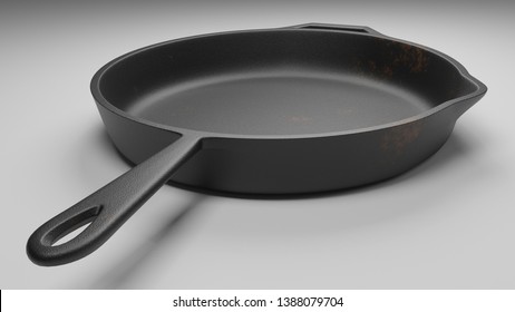 Cast Iron Pan With A Few Rust Spots Isolated On White 3d Illustration