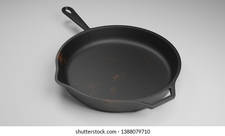 Cast Iron Pan With A Few Rust Spots Isolated On White 3d Illustration