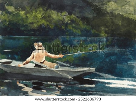 Casting, Number Two (1894) by Winslow Homer. Vintage fisherman in boat watercolor illustration, old fisherman in boat illustration art print. American realism watercolor artwork by Winslow Homer.