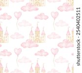 Castle, clouds, balloon. Watercolor seamless pattern on white background in pastel colors. Cute girly illustration for little princesses