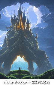 Castle in high mountains with clouds. 3D Illustration