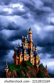 Castle in high mountains with clouds. 3D Illustration
