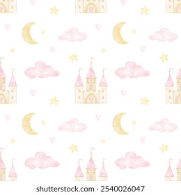 Castle, moon, clouds, star. Watercolor seamless pattern on white background in pastel colors. Cute girly illustration for textiles and wrapping paper - Powered by Shutterstock