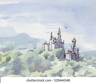 Castle On Hill. Watercolor Painting