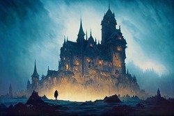 The Castle On Mountain In Night With Dry Tree And Stars. Stormy Sky And Foggy Night Scary Vibes. Epic Scene And Legendary Background Dramatic Lighting. 3D Render