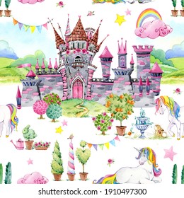 Castle Of Princess. Unicorn Seamless Pattern. Fairy Tale Kingdom Watercolor Illustration