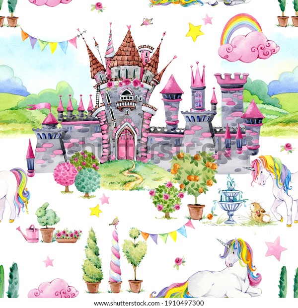 Castle of princess. unicorn\
seamless pattern. fairy tale kingdom watercolor\
illustration