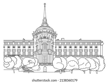 A Castle In Saint Petersburg Russia, Line Art Architecture Drawing, Hand Drawn City Scape Illustration On White Background