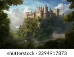 A castle stands amidst a dense forest of trees and bushes in the foreground.3d vector painting