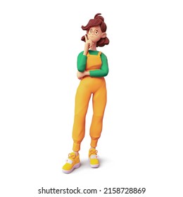 Casual brunette girl in glasses wears orange overalls, green t-shirt touches her chin with hand, raises her index finger up, feels inspiration, motivation. Minimal 3d render isolated on white backdrop