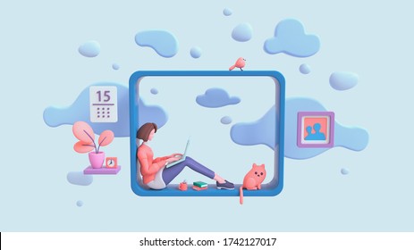 Casual Brunette Girl Working On Laptop Sitting On Window Sill At Home With View Of The Sky, Blue Clouds. Modern Teenage Room With Books, Cat, Bird, Coral Color Plants. Pastel Floating 3d Illustration