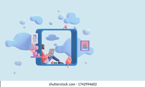 Casual Brunette Girl Working On Laptop Sitting On Window Sill At Home With View Of The Sky, Blue Clouds. Modern Teenage Room With Books, Cat, Bird, Coral Color Plants. Pastel Floating 3d Illustration